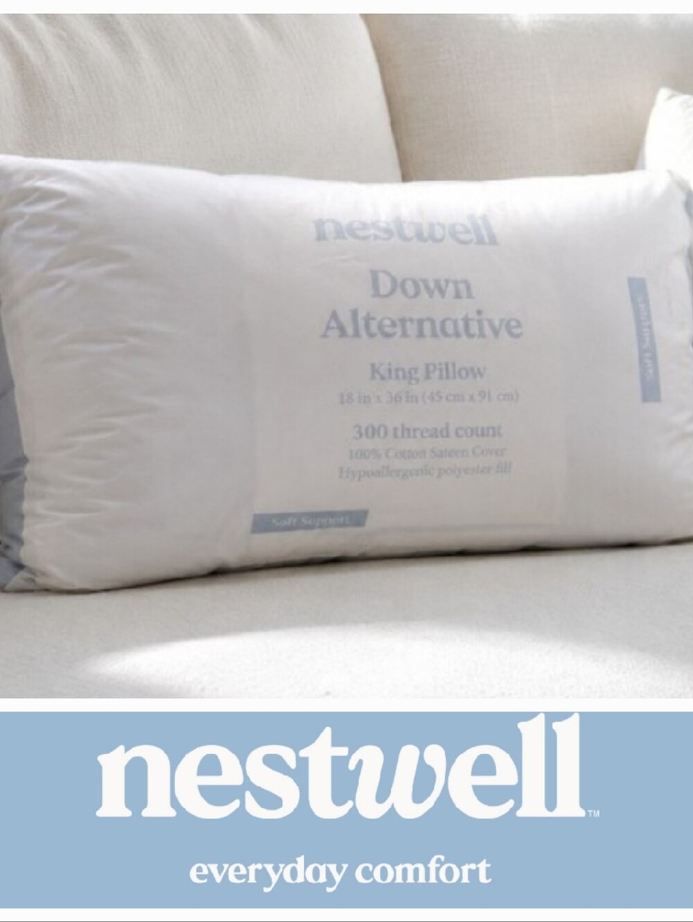 New Nestwell White Down Alternative King Soft Support 1 Pillow.